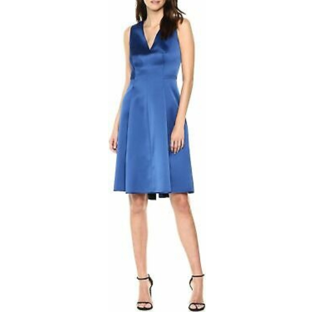 Anne Klein Satin V Neck Fit & Flare Dress 12 Blue